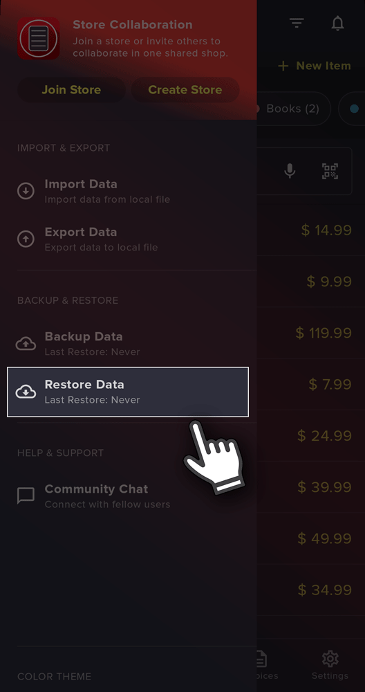 Restore Data screen