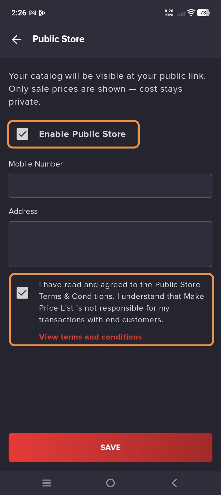 Toggle Public Store switch to ON or check the checkbox