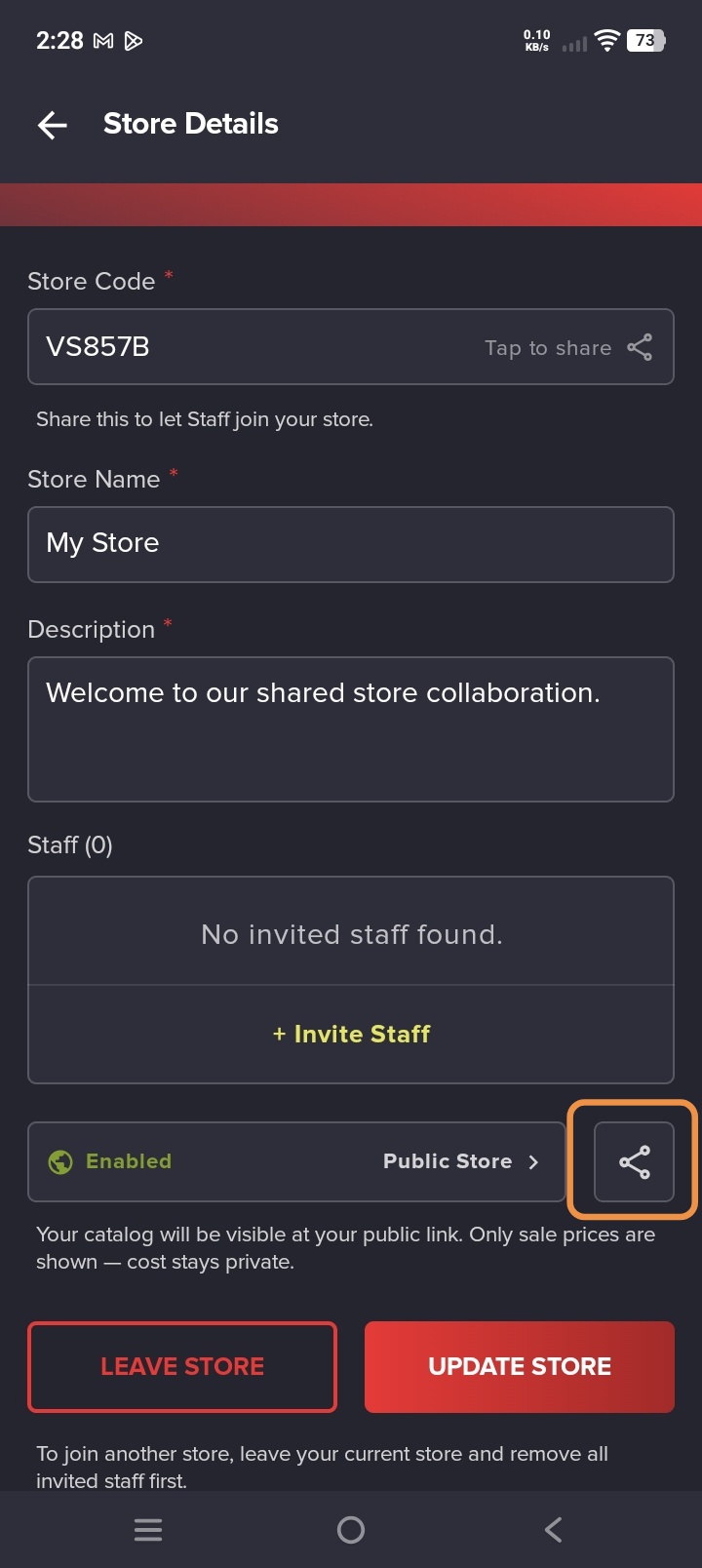 Share Public Store link button