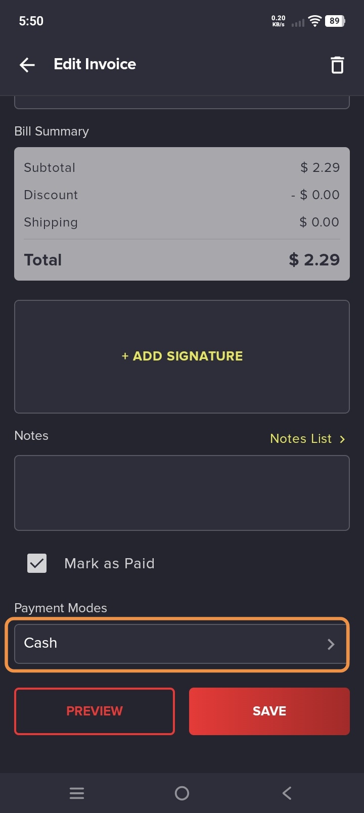 Payment Mode dropdown