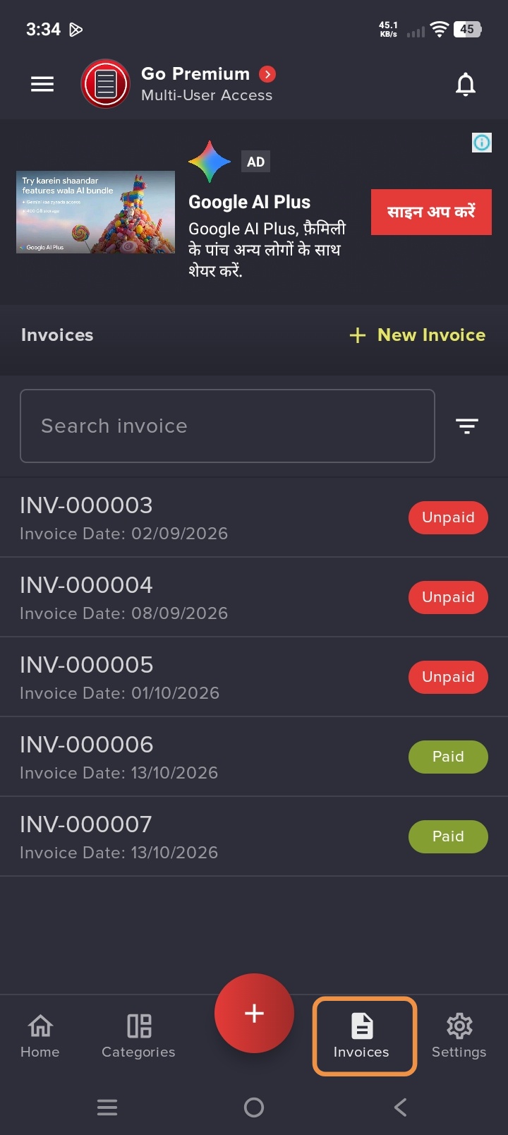 Create New Invoice button