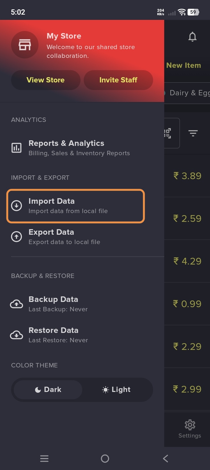 Select Import Data in Menu