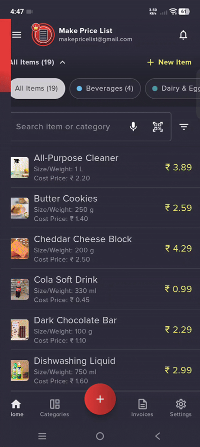 Filter Price List by Category
