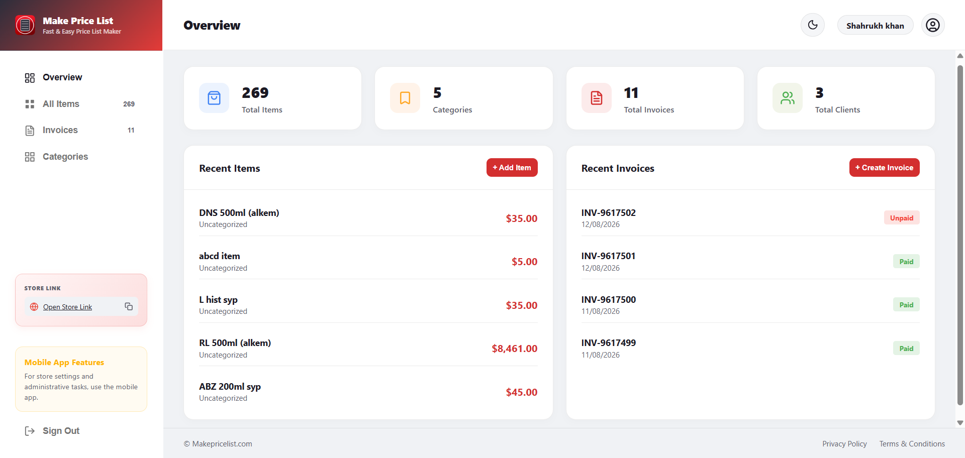 Make Price List Web Dashboard interface