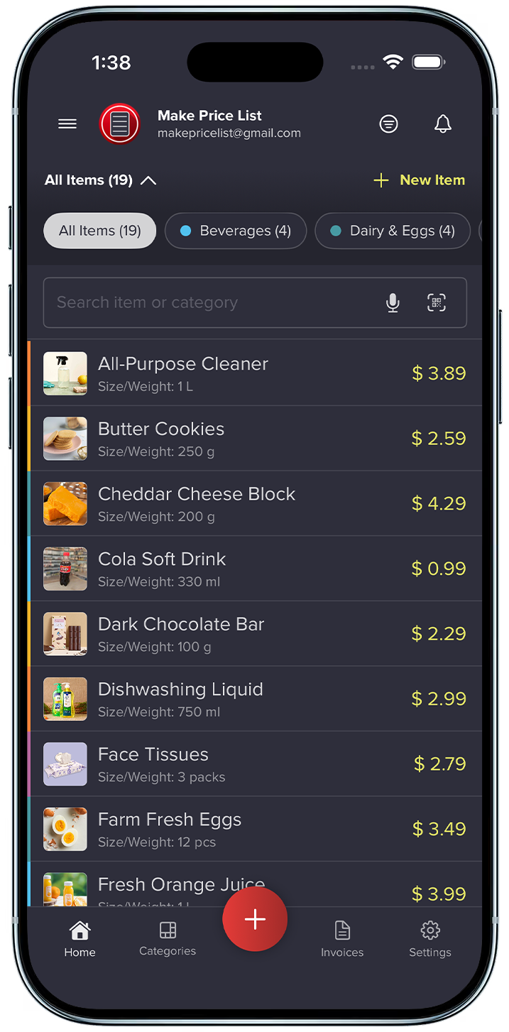 Make Price List app on phone